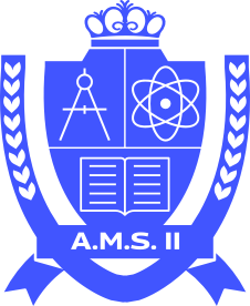 Blue shield emblem with crown, compass, atom, and book symbolizing academia and STEM, labeled "A.M.S. II" with laurel wreath accents.