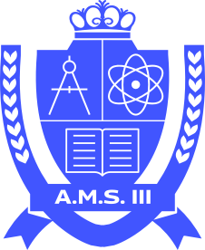 A blue crest with a crown, compass, atom, open book, and "A.M.S. III" at the bottom. Surrounded by laurel branches.