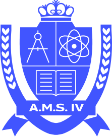 Emblem featuring a crown, a book, a compass, and an atomic symbol with "A.M.S. IV" at the bottom, all in blue.