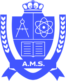 A blue academic crest featuring a crown, an open book, a compass, an atomic symbol, and the initials A.M.S.