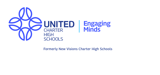 United Charter High Schools logo with the tagline "Engaging Minds" and the note "Formerly New Visions Charter High Schools.