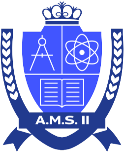 Blue and white academic crest with symbols of a geometric compass, an atom, and an open book. Beneath, "A.M.S. II" is inscribed on a ribbon. A crown tops the crest, flanked by laurel branches.