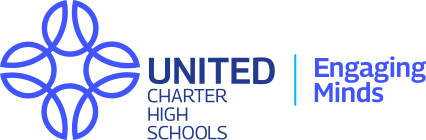 Logo of United Charter High Schools featuring a stylized circular design on the left and the words "United Charter High Schools" and "Engaging Minds" in blue text.