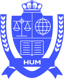 Blue emblem featuring scales of justice, a globe, and an open book, with “HUM” written at the bottom, surrounded by laurel branches and topped with a crown.