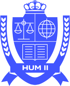 Blue crest featuring scales of justice, a globe, an open book, and the text "HUM II," surrounded by laurel branches and topped with a crown.