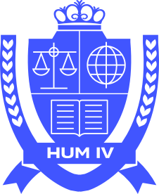 Blue crest featuring a crown at the top, scales of justice, a globe, an open book, and "HUM IV" at the bottom, surrounded by laurel branches.