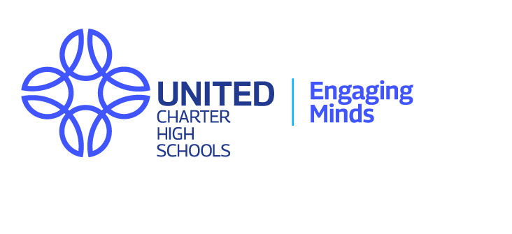 Logo of United Charter High Schools with the slogan "Engaging Minds." The design features an abstract circular blue pattern on the left.