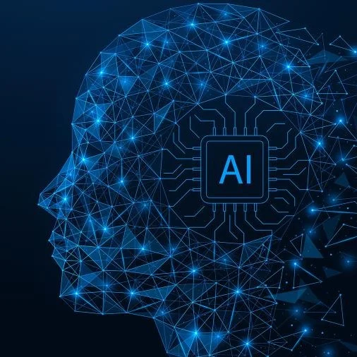 Digital illustration of a human head composed of glowing blue lines and nodes, featuring a central microchip labeled "AI" on a dark background.