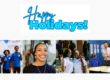 Collage featuring "Happy Holidays!" text, a portrait of a smiling person, and groups of people celebrating and interacting.