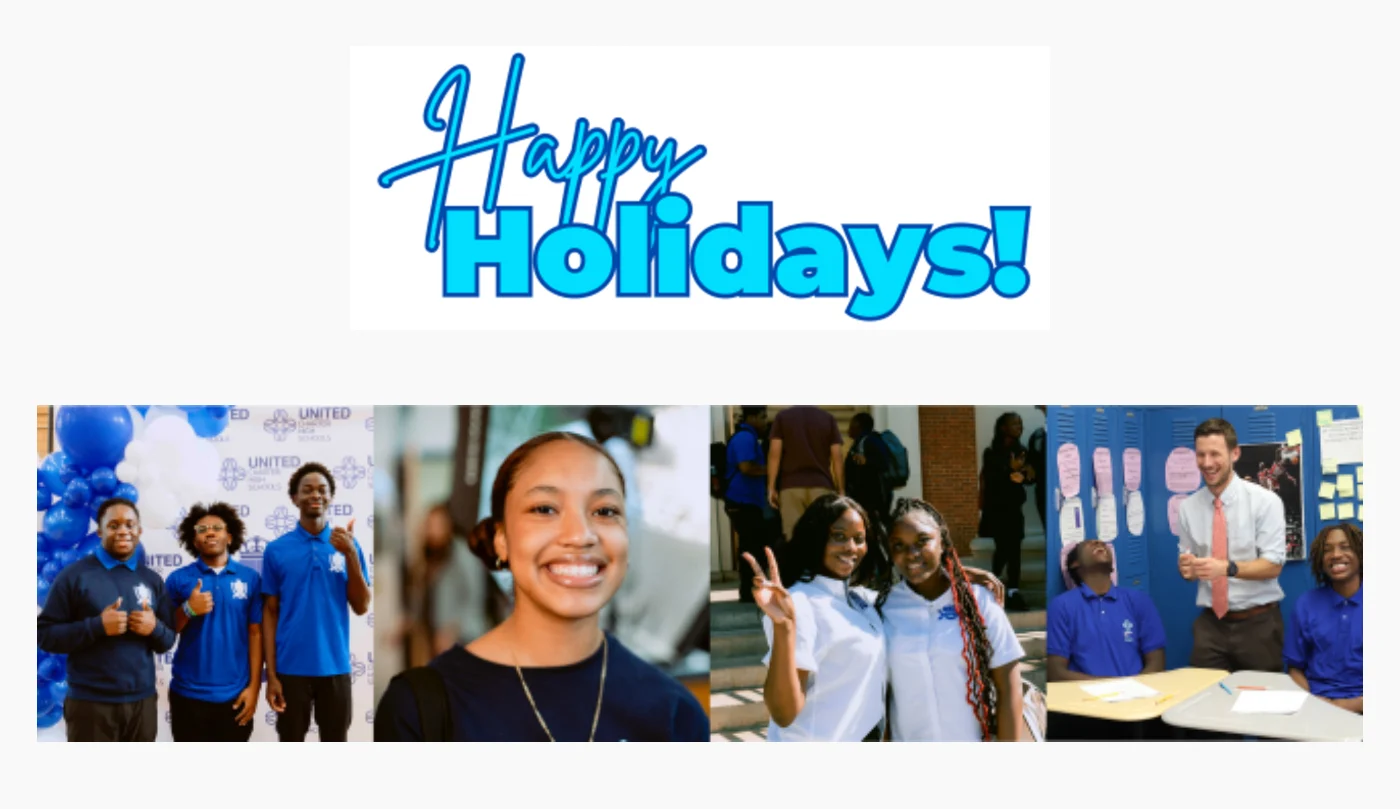 Collage featuring "Happy Holidays!" text, a portrait of a smiling person, and groups of people celebrating and interacting.