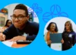 A student writes at a desk. In another image, two people smile while holding a certificate. Both images are on a blue background with decorative elements.