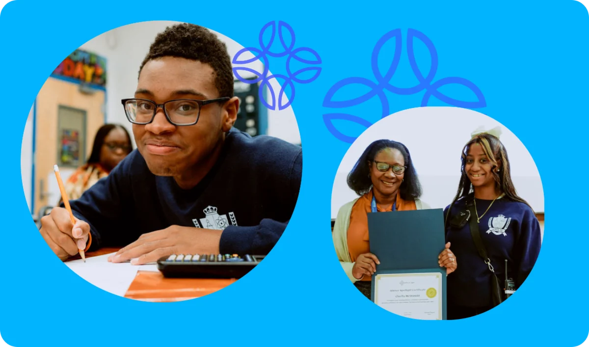 A student writes at a desk. In another image, two people smile while holding a certificate. Both images are on a blue background with decorative elements.