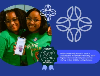 Two people are smiling at the camera. One holds a phone displaying a video call image. Text mentions "Top 25 Best NYS Charter High Schools" and "2025 Niche Best Schools" with a ribbon graphic.