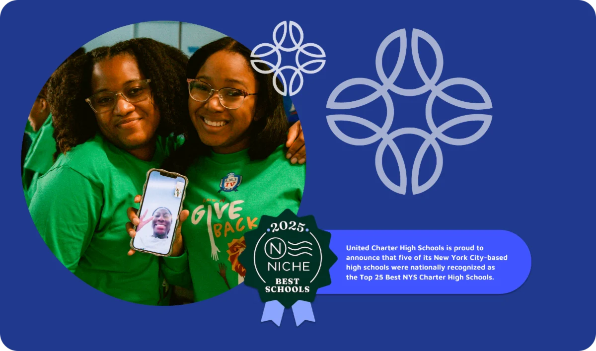 Two people are smiling at the camera. One holds a phone displaying a video call image. Text mentions "Top 25 Best NYS Charter High Schools" and "2025 Niche Best Schools" with a ribbon graphic.