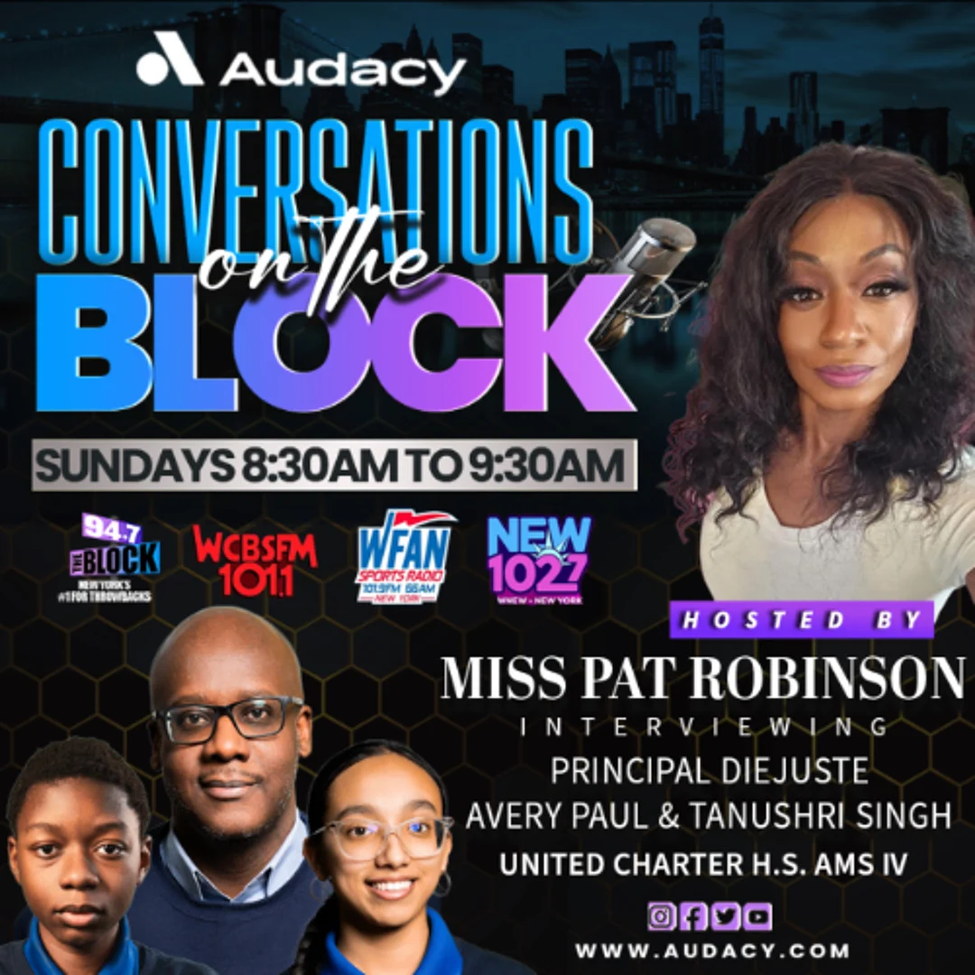 Promotional graphic for "Conversations on the Block" show, featuring Miss Pat Robinson and guests. Airs Sundays, 8:30-9:30 AM, with images of the host and guests against a city backdrop.