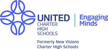 Logo for United Charter High Schools with the tagline "Engaging Minds." Includes a blue geometric design.
