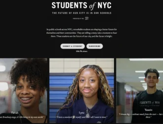 A webpage titled "Students of NYC" features portraits of three students—Farah, Lyric, and Yassin—each with a quote about their experiences in NYC public schools.