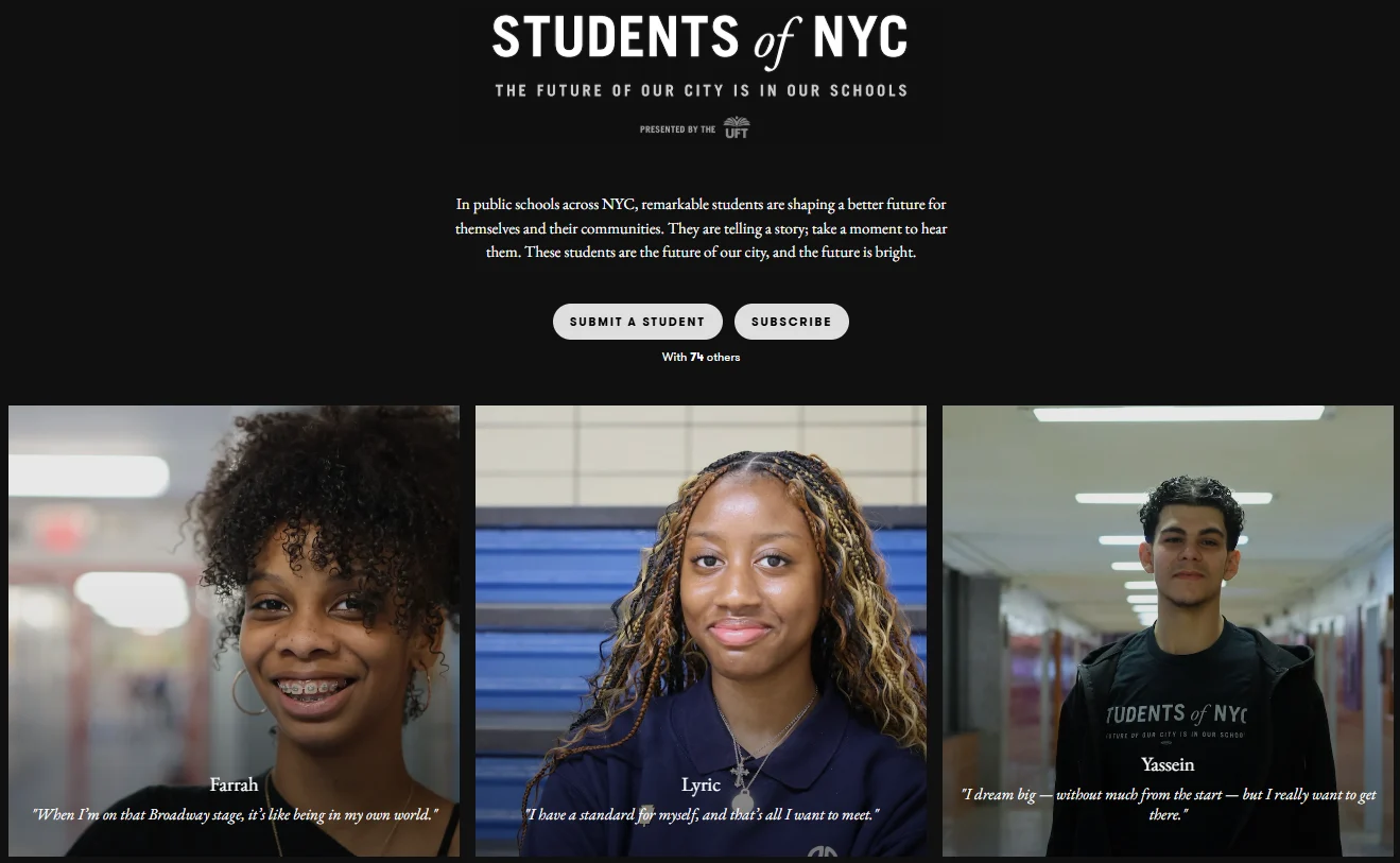 A webpage titled "Students of NYC" features portraits of three students—Farah, Lyric, and Yassin—each with a quote about their experiences in NYC public schools.