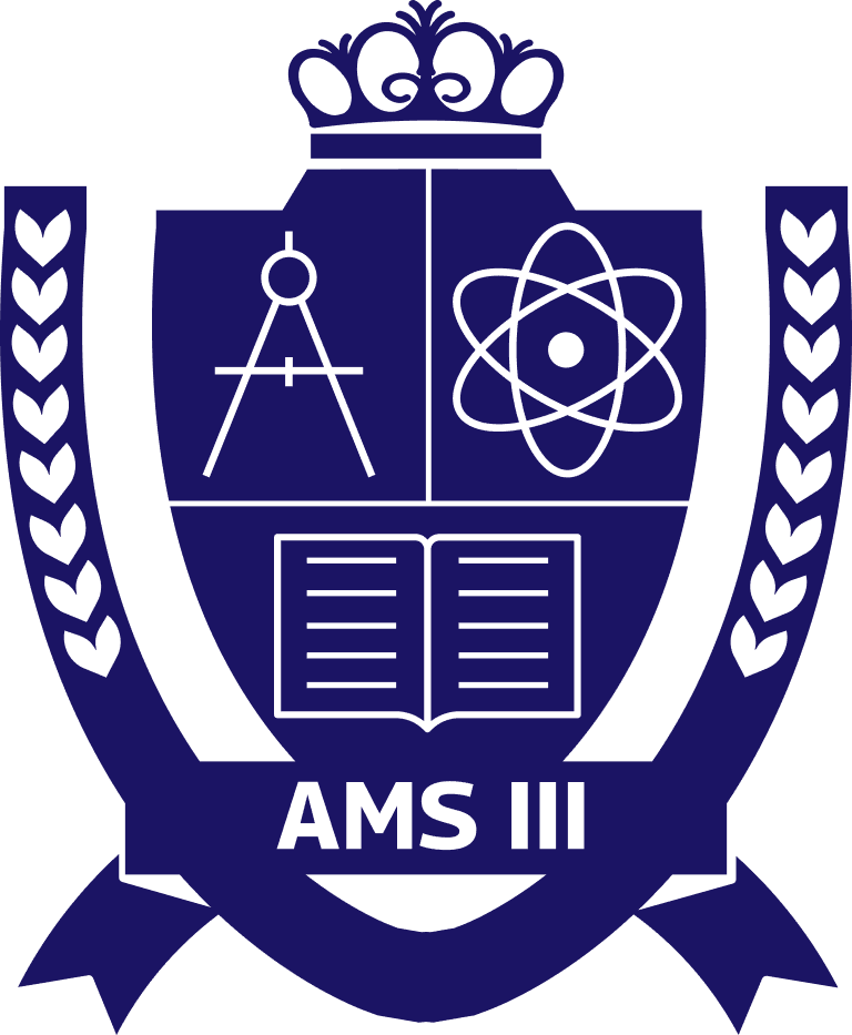 A blue and white crest with a compass, atom symbol, open book, and "AMS III" text, surrounded by laurel branches and a crown at the top.