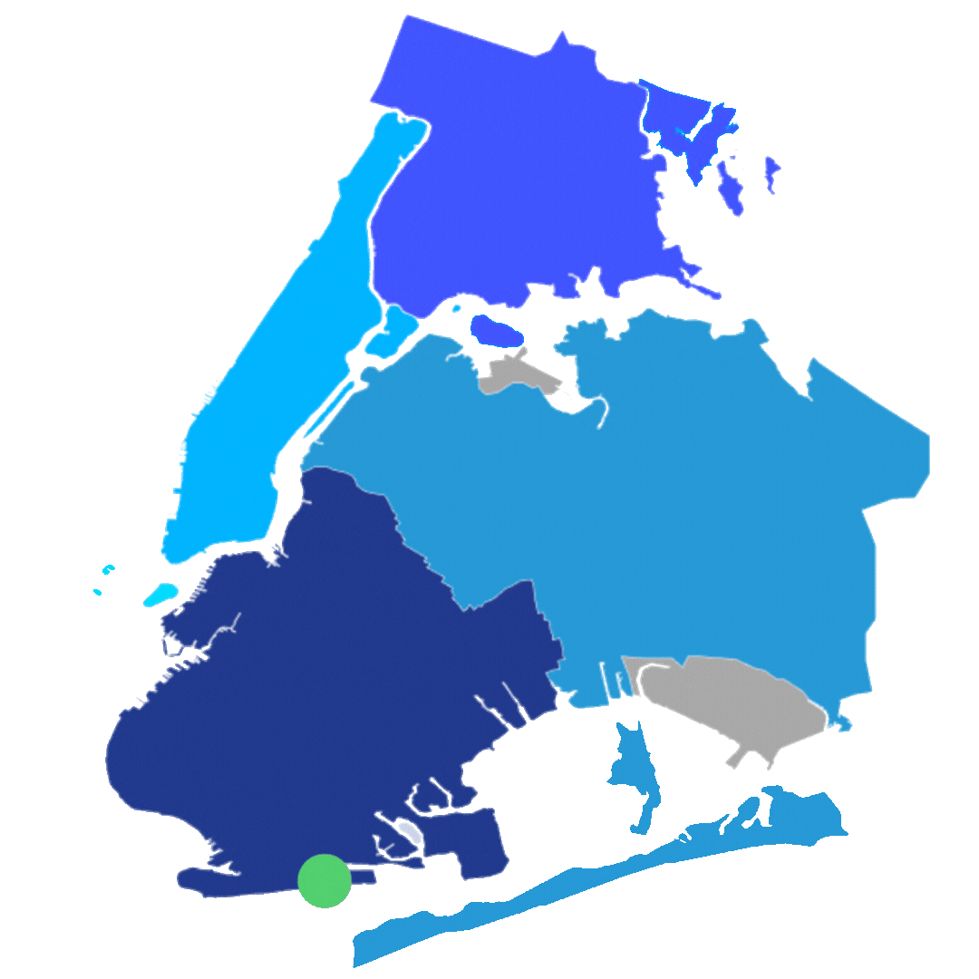 Map of New York City’s five boroughs in varying shades of blue with a green dot on the southern tip of Brooklyn.