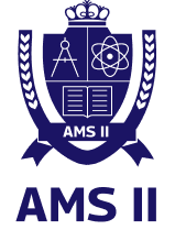 A blue and white crest with a crown, laurels, a compass, an atom, an open book, and the text "AMS II" below the shield.