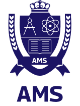 A blue and white crest with scientific symbols, an open book, and the letters "AMS" at the bottom; flanked by laurel branches. The acronym "AMS" appears below the crest.