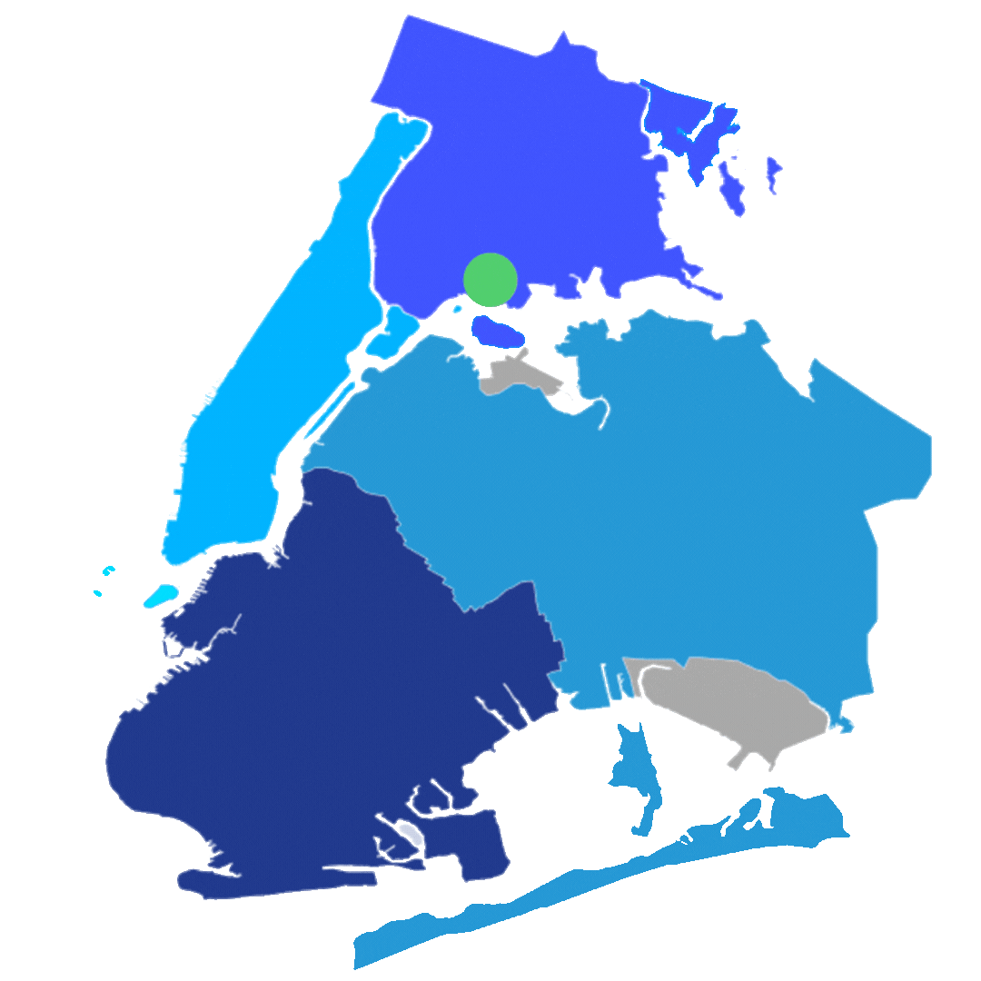 A simplified map of New York City's boroughs in varying shades of blue, with a green dot marked in the northern section.