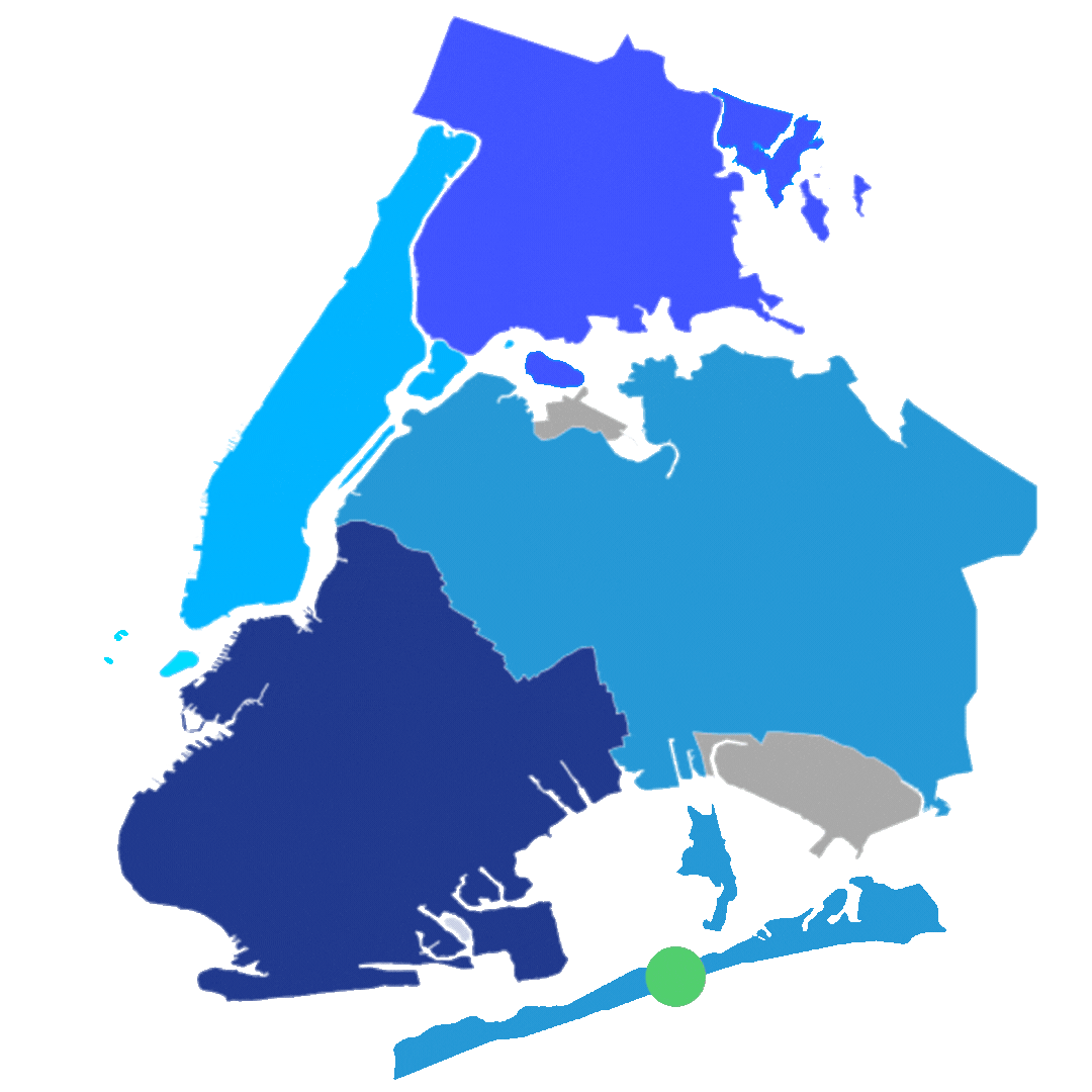 Stylized map showing the five boroughs of New York City in different shades of blue on a green background.