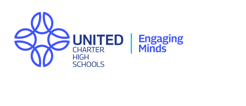 Blue geometric logo next to the text “UNITED CHARTER HIGH SCHOOLS” and “Engaging Minds” on a white background.
