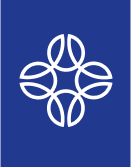 A white geometric pattern of interlocking curved lines forming a symmetrical design on a solid blue background.