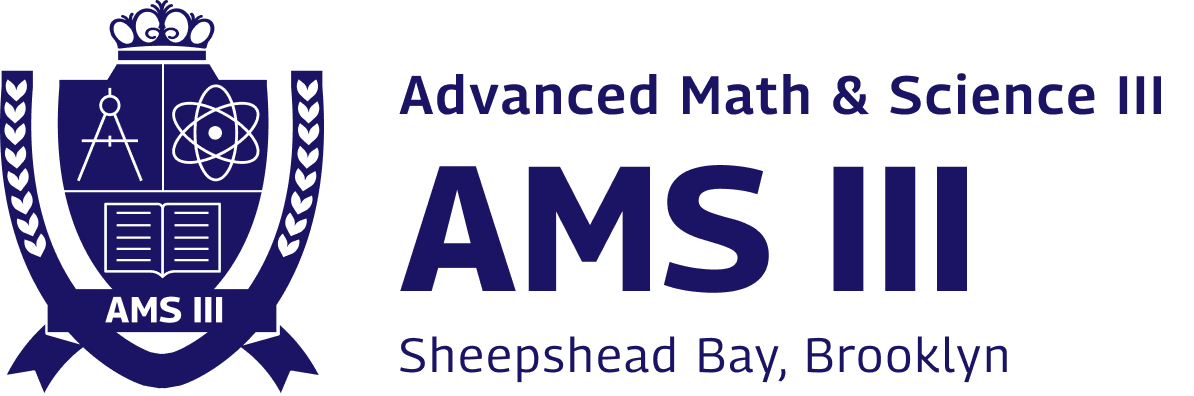 Logo for Advanced Math & Science III (AMS III) showing a shield with symbols for math, science, and books, and text indicating Sheepshead Bay, Brooklyn.