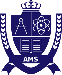 A blue and white crest with a crown, laurel branches, a compass, an atom, an open book, and "AMS" on a ribbon at the bottom.