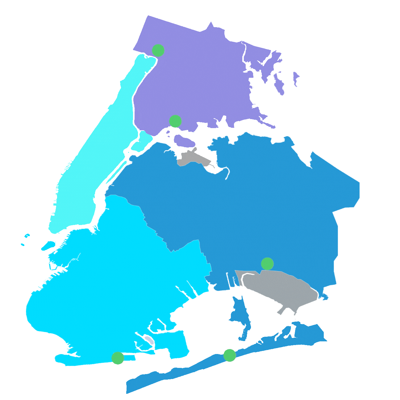 A stylized map with five color-coded regions and five green dots marking different locations within the regions. The background is blue.