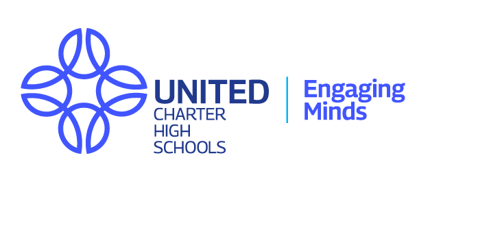 Blue geometric logo with the text "UNITED CHARTER HIGH SCHOOLS" on the left and "Engaging Minds" on the right against a white background.