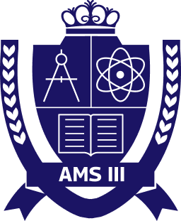 A blue and white academic crest featuring a crown, laurel branches, a compass, an atom, an open book, and the text "AMS III" on a ribbon.