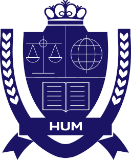 A blue and white emblem featuring a crown, scales, globe, open book, and laurel branches with the text "HUM" at the bottom.