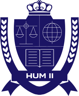 A blue and white crest featuring scales, a globe, an open book, and the text "HUM II" at the bottom, surrounded by laurel branches and a crown at the top.