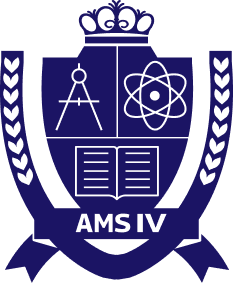 A blue and white academic crest featuring a compass, an atom, an open book, and the text "AMS IV" below the shield, surrounded by laurel branches.