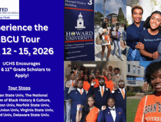 Flyer for the 2026 HBCU tour hosted by United Charter Schools, with tour dates, list of university stops, and photos of students at various HBCUs.