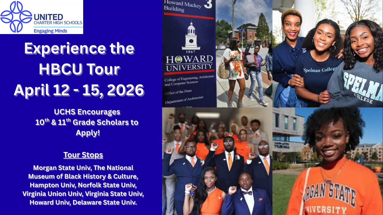 Flyer for the 2026 HBCU tour hosted by United Charter Schools, with tour dates, list of university stops, and photos of students at various HBCUs.