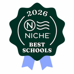 A green badge with "2026 NICHE BEST SCHOOLS" in white text and two blue ribbons at the bottom.