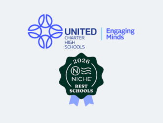 United Charter High Schools logo and "Engaging Minds" slogan above a 2023 Niche Best Schools badge.