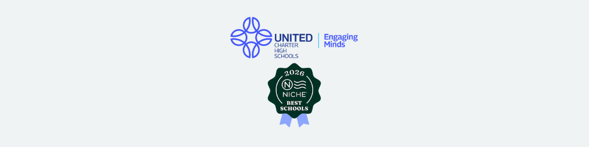 United Charter High Schools logo and "Engaging Minds" slogan above a 2023 Niche Best Schools badge.