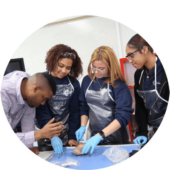 Three students in lab aprons and gloves observe as an instructor demonstrates a procedure on a specimen at a lab table.