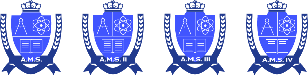 Four blue academic crests labeled A.M.S., A.M.S. II, A.M.S. III, and A.M.S. IV, each featuring a crown, laurel branches, book, protractor, and atomic symbol.
