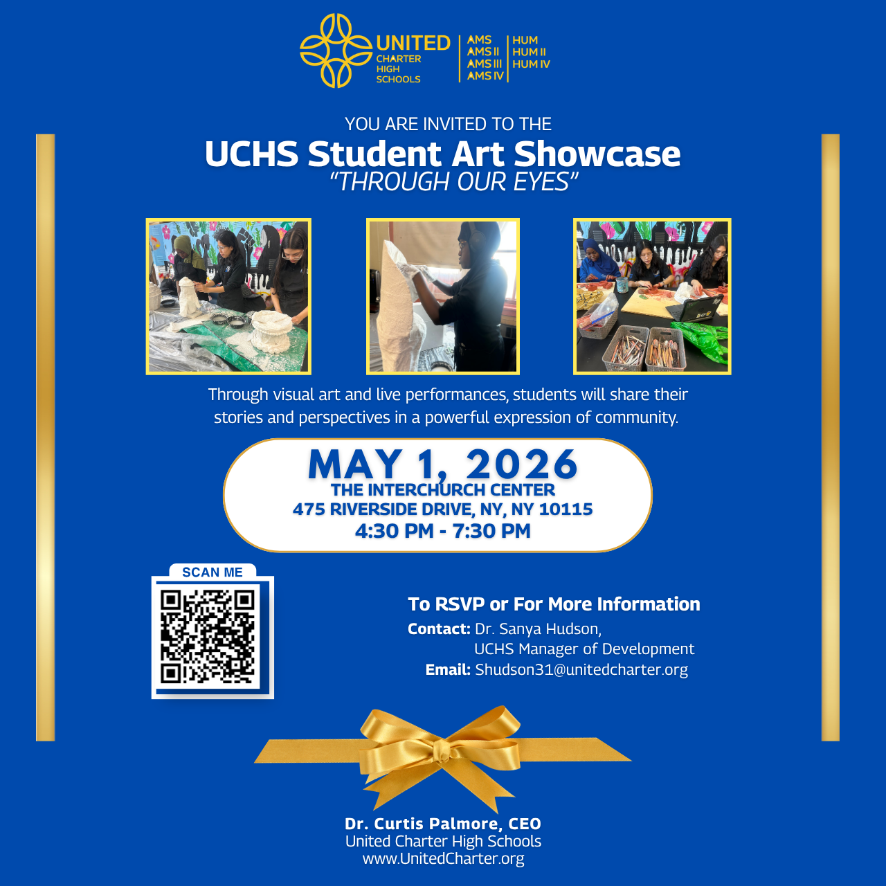 Invitation flyer for the UCHS Student Art Showcase on May 1, 2026, at the InterChurch Center in New York, featuring event details, photos of student art, and RSVP contact information.