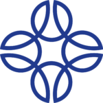 A geometric design of four interlocking blue curved lines forming a symmetrical, circular pattern on a white background.
