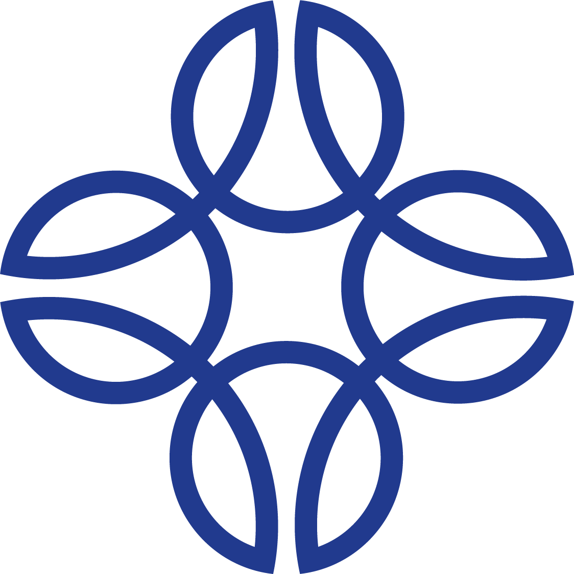 A geometric design of four interlocking blue curved lines forming a symmetrical, circular pattern on a white background.