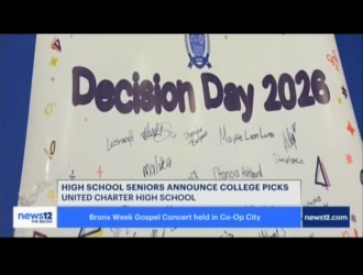 A "Decision Day 2026" poster signed by students, shown during a news segment about high school seniors announcing their college selections at United Charter High School.