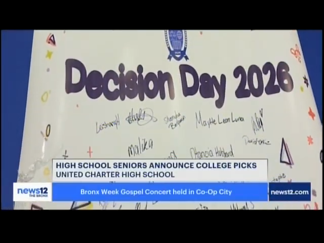 A "Decision Day 2026" poster signed by students, shown during a news segment about high school seniors announcing their college selections at United Charter High School.